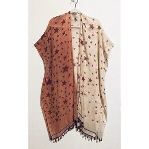 JC Sunny Top Womens One Size Red Ombre Star Print Kimono Sequin Tassel Boho
